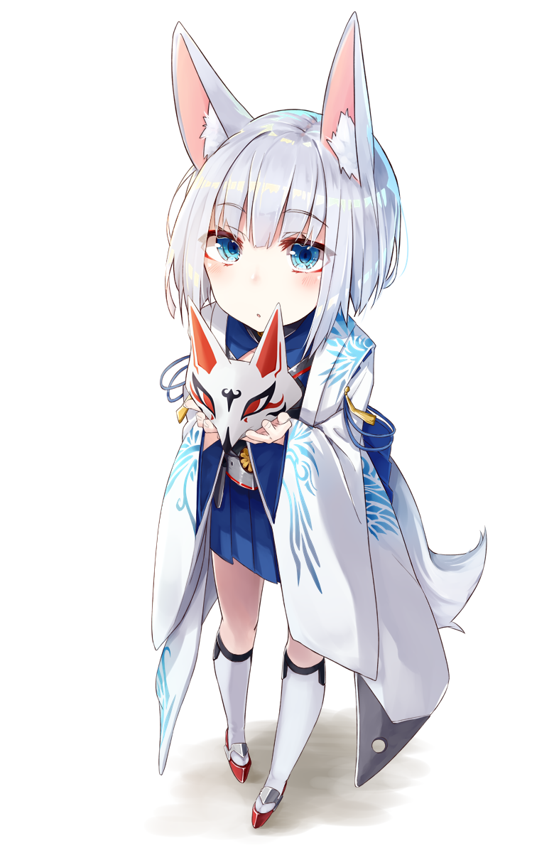 1girl :o animal_ears azur_lane bangs blue_eyes blunt_bangs blush commentary_request eyebrows_visible_through_hair fox_ears fox_tail from_above full_body highres holding holding_mask japanese_clothes kaga_(azur_lane) kneehighs looking_at_viewer mask multiple_tails nuko_miruku rudder_shoes shadow short_hair sidelocks simple_background skirt solo tail white_background white_hair white_legwear wide_sleeves younger