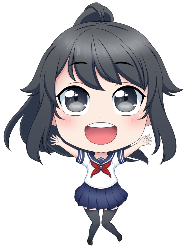 ayano_aishi black_eyes black_hair blush chibi eyebrows_visible_through_hair happy imminent_hug open_eyes open_mouth ponytail school_uniform serafuku smile transparent_background yandere yandere_simulator