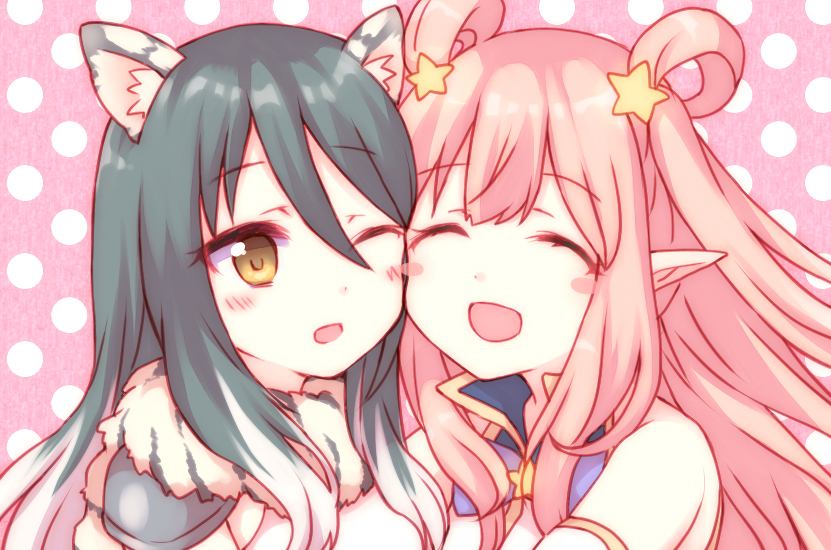 2girls :d ;d ^_^ animal_ears bangs bare_shoulders black_hair blush blush_stickers brown_eyes cheek-to-cheek closed_eyes closed_mouth commentary_request eyebrows_visible_through_hair gucchiann hair_between_eyes hair_ornament hair_rings kashiwazaki_hatsune kashiwazaki_shiori light_brown_hair long_hair multiple_girls one_eye_closed open_mouth pink_background pointy_ears polka_dot polka_dot_background princess_connect! sidelocks smile star star_hair_ornament very_long_hair