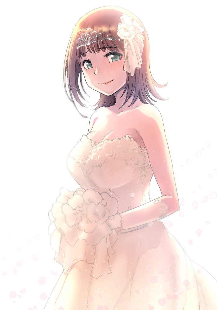 1girl amami_haruka bouquet breasts brown_hair chiaki_rakutarou cleavage collarbone cowboy_shot diadem dress elbow_gloves flower gloves green_eyes hair_flower hair_ornament holding holding_bouquet idolmaster idolmaster_(classic) large_breasts long_hair looking_at_viewer medium_breasts older simple_background sleeveless sleeveless_dress smile solo standing strapless strapless_dress wedding_dress white_background white_dress white_flower white_gloves