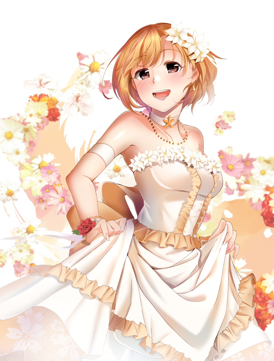 1girl :d aiba_yumi arm_strap blonde_hair breasts brown_eyes casino_(casinoep) choker collarbone dress flower frilled_dress frills hair_flower hair_ornament idolmaster idolmaster_cinderella_girls jewelry medium_breasts necklace open_mouth red_flower ribbon short_hair skirt_hold sleeveless sleeveless_dress smile solo standing white_background white_dress white_flower white_ribbon wrist_flower