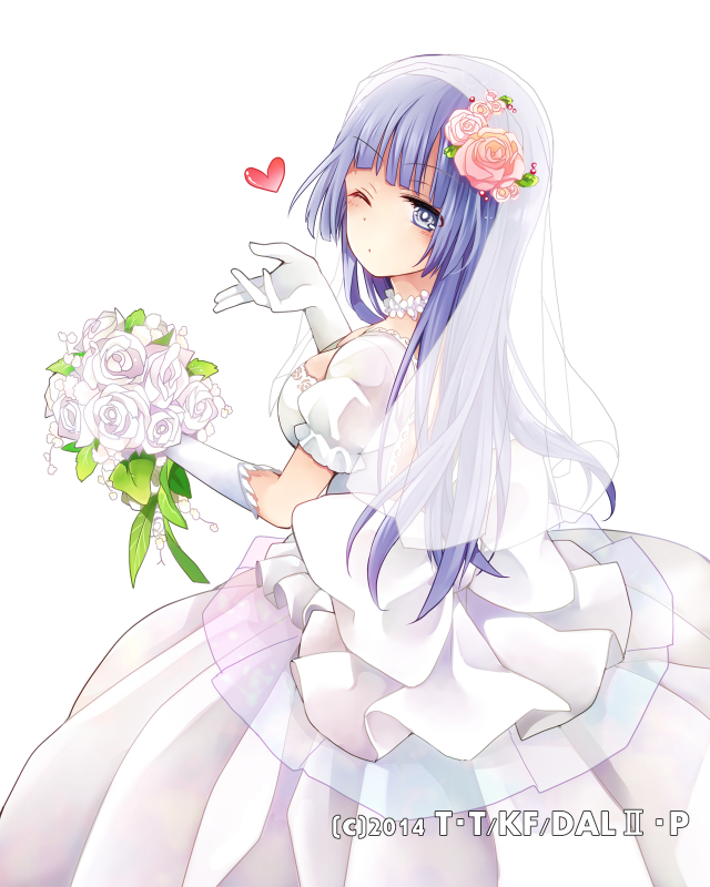 1girl bouquet breasts bridal_veil choker cleavage date_a_live dress flower from_behind gloves hair_flower hair_ornament heart hibiki_mio holding holding_bouquet izayoi_miku long_dress long_hair medium_breasts one_eye_closed pink_flower purple_hair short_sleeves simple_background solo veil white_background white_dress white_flower white_gloves