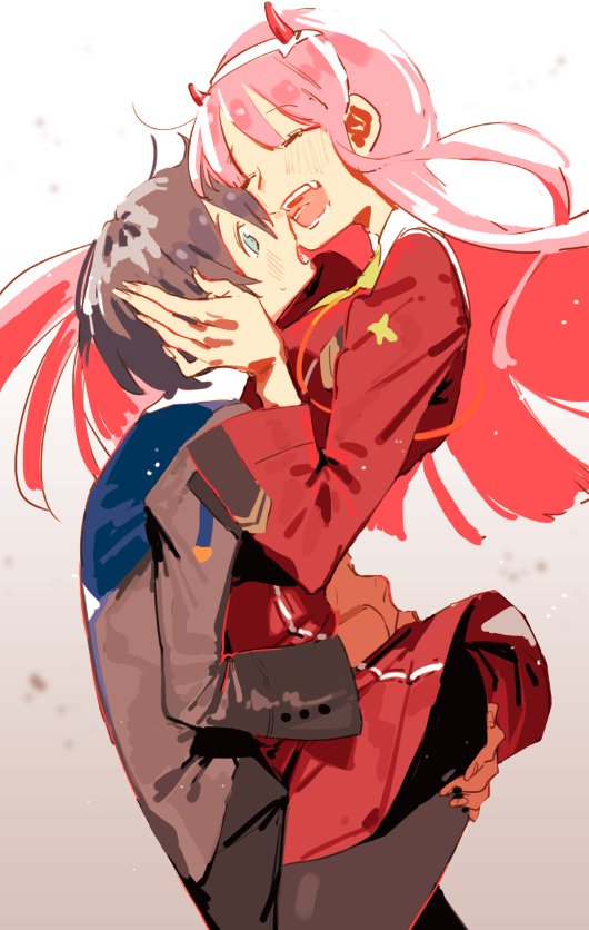 1boy 1girl black_hair black_legwear blue_eyes blush closed_eyes commentary_request couple darling_in_the_franxx fangs hair_ornament hairband hand_on_another's_ass hand_on_another's_face hiro_(darling_in_the_franxx) horns hug long_hair looking_at_another military military_uniform oni_horns pantyhose pink_hair red_horns short_hair uniform white_hairband zero_two_(darling_in_the_franxx) zozomaruko