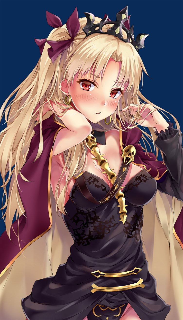 1girl asymmetrical_sleeves black_leotard blonde_hair blush cape commentary earrings ereshkigal_(fate/grand_order) fate/grand_order fate_(series) hair_ribbon highres hoop_earrings jewelry leotard long_hair marisasu_(marisa0904) nail_polish navy_blue_background open_mouth red_cape red_eyes red_ribbon ribbon single_sleeve skull solo spine tiara twintails