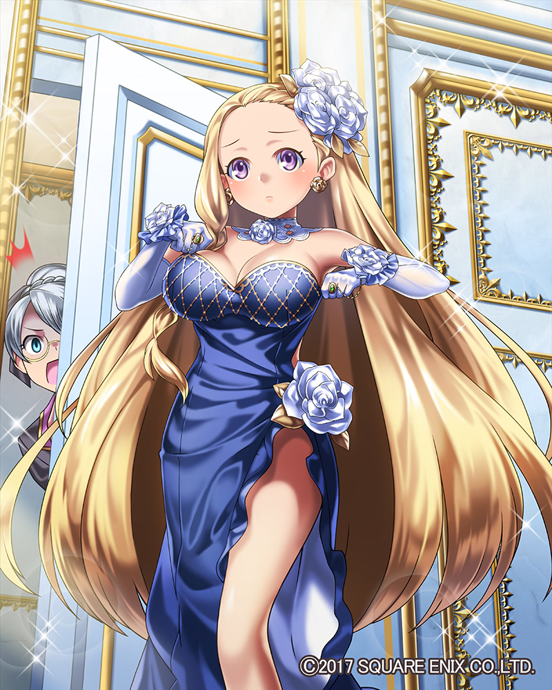 2girls :o bad_arm bare_shoulders blonde_hair blue_dress blue_eyes blush braid breasts bridal_gauntlets clenched_hand dress earrings flower glasses gloves grey_hair hair_flower hair_ornament hm_(tolosalmon) indoors isis_(venus_rumble) jewelry large_breasts looking_at_viewer multiple_girls official_art peeking ring short_hair silver_hair sparkle standing venus_rumble violet_eyes white_gloves