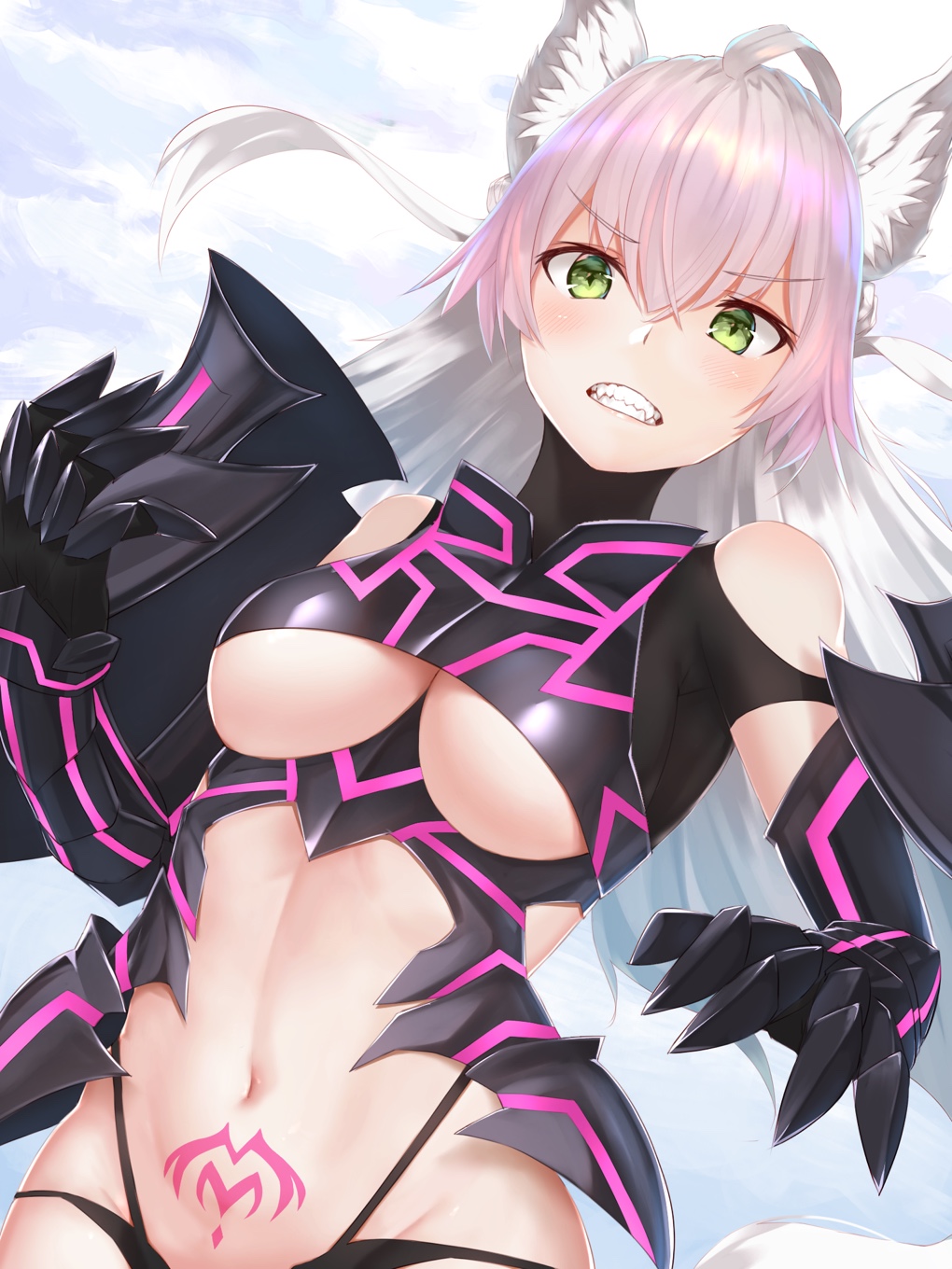 1girl ahoge animal_ears armor atalanta_(alter)_(fate) atalanta_(fate) bangs bare_shoulders black_armor black_gloves black_panties blue_sky blush breasts clenched_teeth clouds commentary_request crop_top day elbow_gloves eyebrows_visible_through_hair fangs fate/grand_order fate_(series) floating_hair from_below gauntlets gloves gradient_hair green_eyes grey_hair groin hair_between_eyes hand_up highleg highleg_panties highres long_hair looking_at_viewer medium_breasts multicolored_hair navel outdoors panties pink_hair plackart pubic_tattoo reuri_(tjux4555) scowl shiny shiny_hair sky solo standing stomach tail tattoo teeth turtleneck under_boob underwear v-shaped_eyes