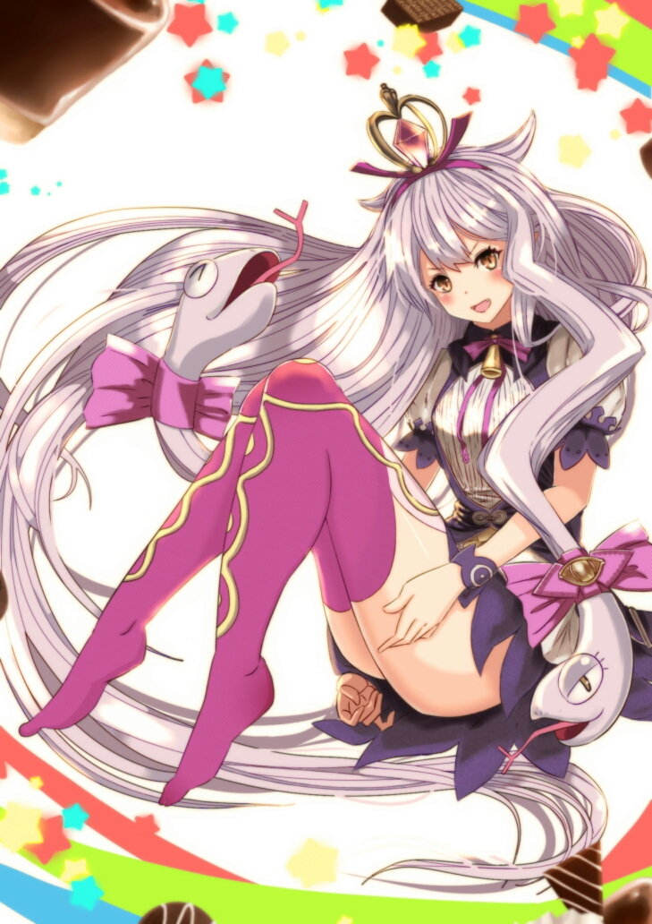 &gt;_&lt; 1girl alternate_costume animal artist_request bangs blush_stickers dress fang granblue_fantasy looking_at_viewer medusa_(shingeki_no_bahamut) open_mouth puffy_short_sleeves puffy_sleeves purple_legwear ribbon shingeki_no_bahamut short_dress short_sleeves silver_hair snake thigh-highs yellow_eyes