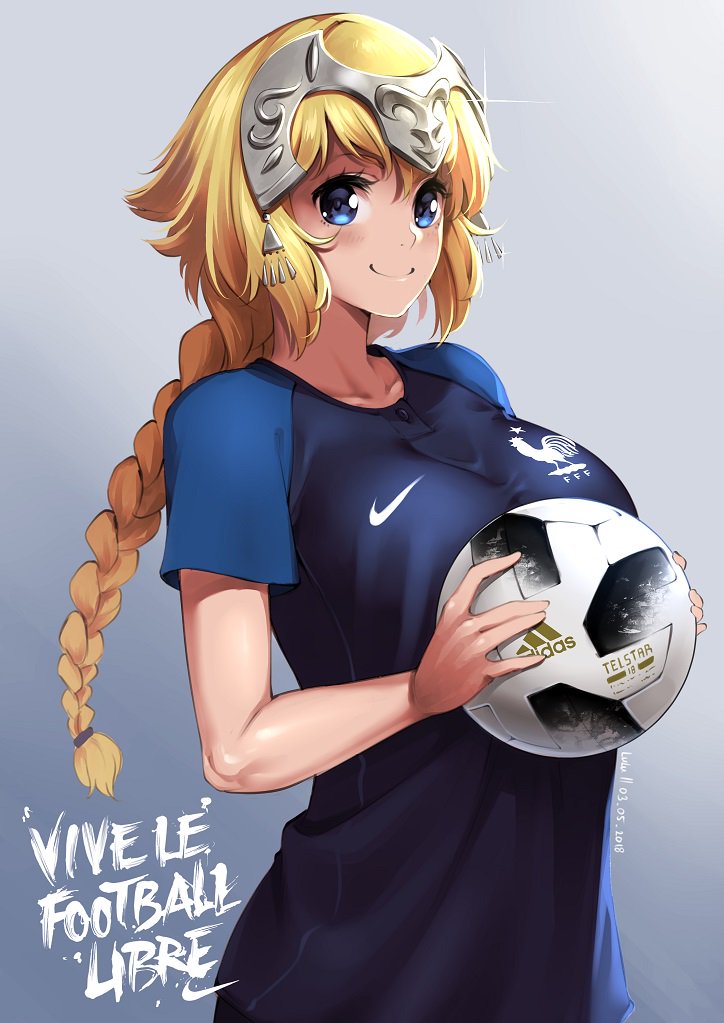 1girl adidas alternate_costume ball blonde_hair blue_eyes blue_shirt braid breasts collar fate_(series) headpiece jeanne_d'arc_(fate) jeanne_d'arc_(fate)_(all) jersey large_breasts long_braid lulu-chan92 nike shiny shirt short_sleeves single_braid smile soccer soccer_ball soccer_uniform sportswear t-shirt