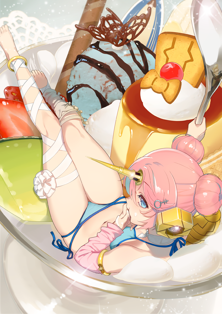 1girl bandage bandaged_leg bikini blue_bikini blue_eyes double_bun fate/grand_order fate_(series) food frankenstein's_monster_(fate) frankenstein's_monster_(swimsuit_saber)_(fate) from_above hair_ornament hairclip horn ice_cream looking_to_the_side oversized_object pink_hair samurai10932 short_hair single_detached_sleeve sitting solo spoon swimsuit