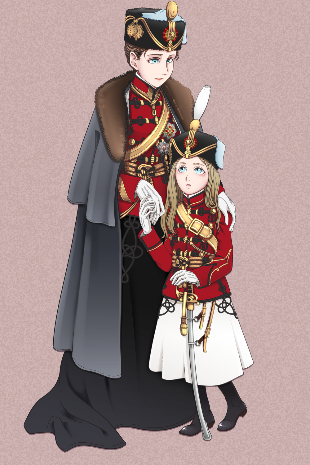 2girls black_footwear blonde_hair blue_eyes boots brown_hair cloak collared_jacket commentary_request fur_trim gloves hair_up hand_holding hand_on_shoulder hand_on_sword hat highres historical hussar jacket long_hair medal military military_uniform mother_and_daughter multiple_girls plume real_life red_jacket romania royal saber_(weapon) shako_cap sheath sheathed sword toge_inu uniform weapon white_gloves world_war_i