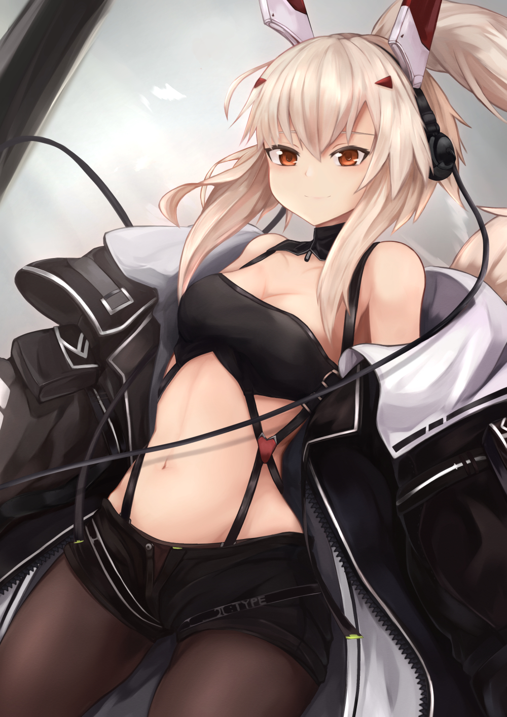 1girl armpits arms_up ayanami_(azur_lane) azur_lane bangs black_legwear black_shorts blonde_hair blush breasts brown_eyes cleavage closed_mouth coat collarbone hair_between_eyes headgear headphones high_ponytail highres light_brown_hair long_hair looking_at_viewer medium_breasts midriff navel on_chair open_clothes open_coat pantyhose pantyhose_under_shorts ponytail ryara_vivi short_shorts shorts sidelocks smile solo strapless tubetop very_long_hair zipper