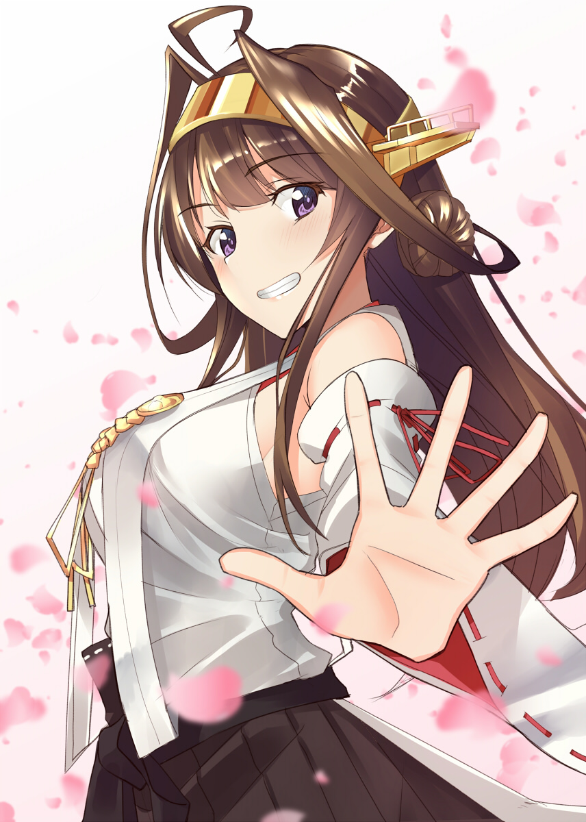 1girl ahoge bare_shoulders black_skirt brown_hair commentary_request detached_sleeves double_bun gradient gradient_background grin hairband headgear highres japanese_clothes kantai_collection kongou_(kantai_collection) long_hair nontraditional_miko outstretched_hand pallad petals pleated_skirt remodel_(kantai_collection) ribbon-trimmed_sleeves ribbon_trim skirt smile violet_eyes wide_sleeves