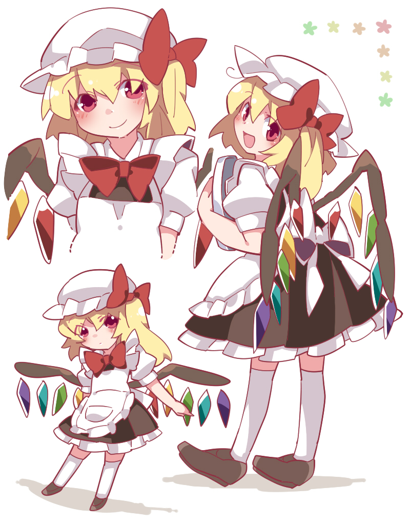 1girl angel_wings ascot bat_wings blonde_hair blush bow commentary_request crystal flandre_scarlet hammer_(sunset_beach) hat hat_bow hat_ribbon looking_at_viewer looking_back multiple_views open_mouth puffy_short_sleeves puffy_sleeves red_bow red_eyes ribbon short_hair short_sleeves smile touhou wings