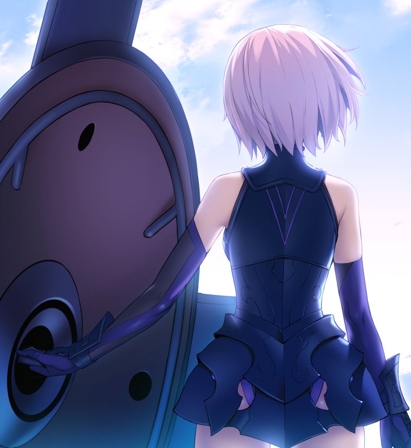 1girl armor armored_dress bare_shoulders cowboy_shot elbow_gloves fate/grand_order fate_(series) from_behind gloves mash_kyrielight purple_hair shield short_hair sky solo standing yangsion