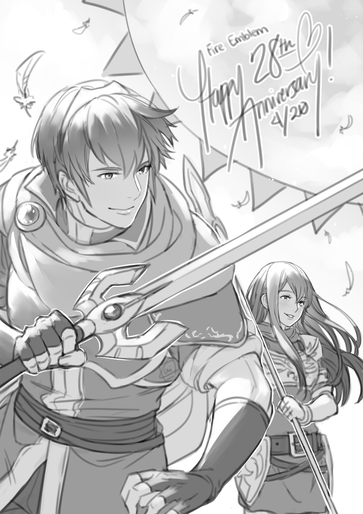 1boy armor blush cape dress elbow_gloves falchion_(fire_emblem) fingerless_gloves fire_emblem fire_emblem:_mystery_of_the_emblem gloves krazehkai long_hair marth monochrome open_mouth pegasus_knight sheeda smile thigh-highs weapon