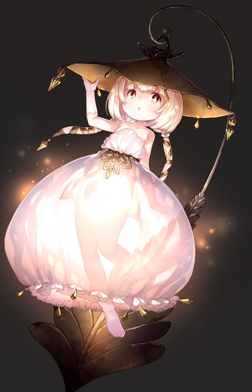1girl bare_shoulders brown_eyes commentary_request dress full_body hand_on_headwear hat highres kito_(sorahate) long_hair looking_at_viewer low_twintails open_mouth original personification puffy_dress see-through_silhouette solo strapless strapless_dress twintails white_dress white_hair white_legwear