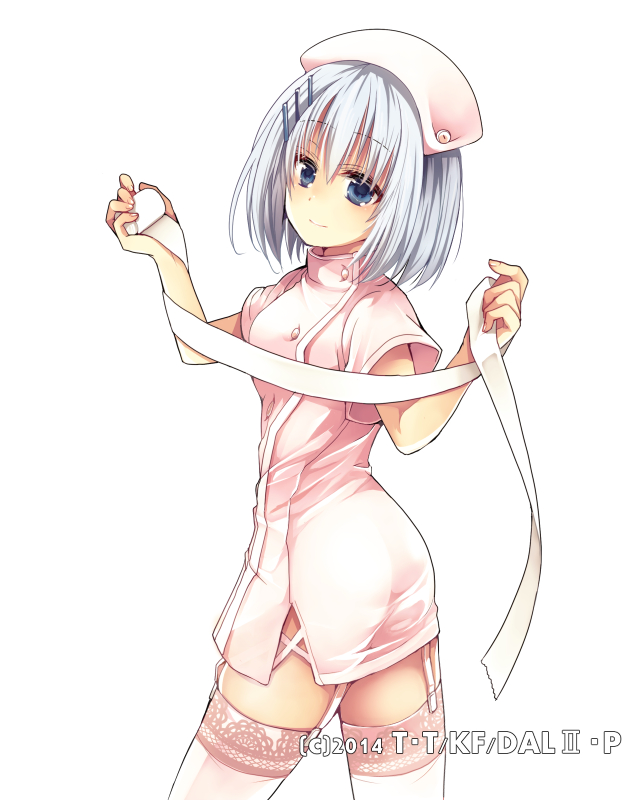 1girl bandage blue_eyes cowboy_shot date_a_live dress eyebrows_visible_through_hair from_side garter_straps hair_between_eyes hair_ornament hairclip hat head_tilt hibiki_mio holding_bandages looking_at_viewer nurse nurse_cap pink_dress short_dress short_sleeves silver_hair simple_background smile solo standing thigh-highs tobiichi_origami white_background white_legwear