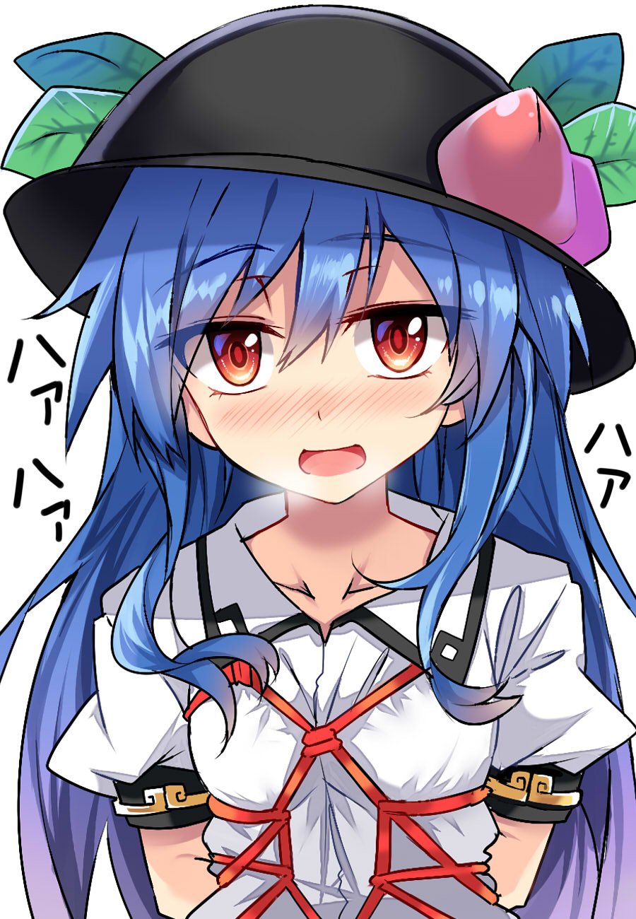 1girl arms_behind_back bdsm black_hat blouse blue_hair blush bondage bound breath collarbone commentary_request e.o. eyebrows_visible_through_hair eyes_visible_through_hair flat_chest food fruit hair_between_eyes hat highres hinanawi_tenshi leaf long_hair looking_at_viewer nose_blush open_mouth peach puffy_short_sleeves puffy_sleeves red_eyes shibari short_sleeves simple_background solo touhou translation_request upper_body very_long_hair white_background white_blouse