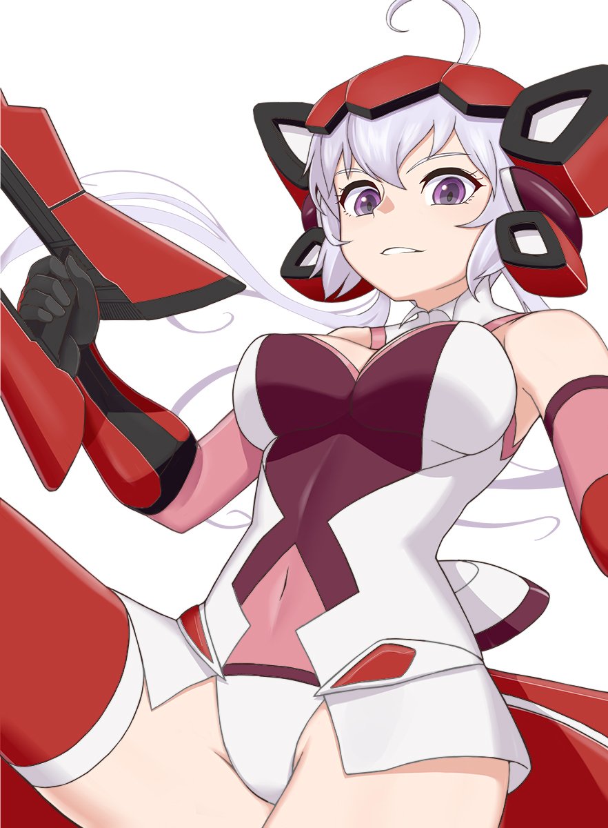 1girl ahoge bare_shoulders bodysuit gloves highres lavender_hair leotard long_hair looking_at_viewer low_twintails senki_zesshou_symphogear sleeveless smile solo squid_neetommy thigh-highs twintails violet_eyes weapon white_background white_hair yukine_chris