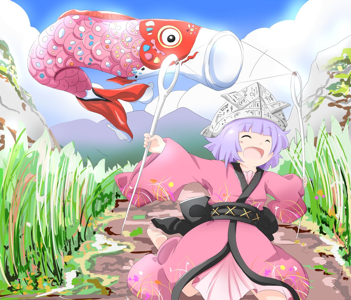 1girl ^_^ barefoot blue_sky blush_stickers closed_eyes clouds commentary_request day facing_to_the_side grass happy japanese_clothes kikurage_(sugi222) kimono kodomo_no_hi koinobori lavender_hair long_sleeves minigirl mountain needle obi open_mouth outdoors outstretched_arms paper_hat paper_kabuto petticoat road running sash short_hair sky solo spread_arms sukuna_shinmyoumaru touhou