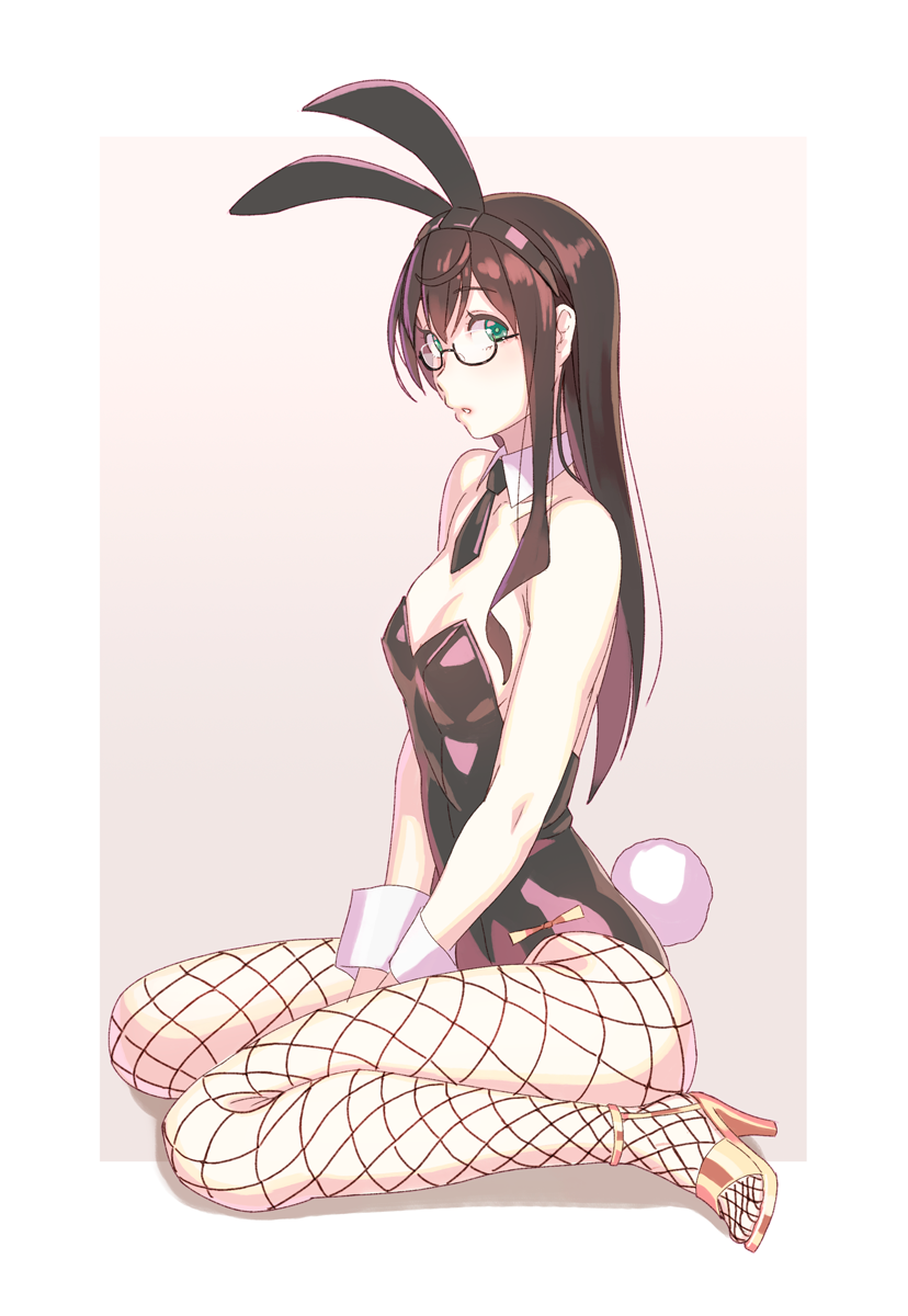 1girl animal_ears black_hair black_leotard black_neckwear breasts bunny_tail bunnysuit detached_collar fishnet_pantyhose fishnets full_body glasses green_eyes highres kantai_collection leotard long_hair looking_at_viewer ooyodo_(kantai_collection) open_toe_shoes pantyhose rabbit_ears semi-rimless_eyewear sitting small_breasts solo strapless strapless_leotard tail under-rim_eyewear wariza wrist_cuffs yuuji_(and)