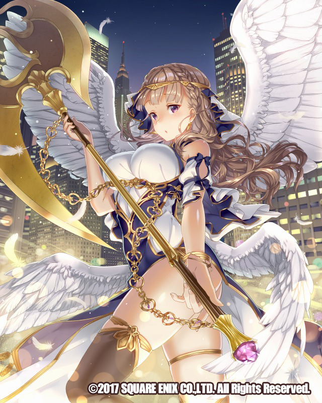 1girl angel_wings ass axe blush braid breasts brown_eyes brown_hair dated feathers holding holding_axe impossible_clothes large_breasts long_hair looking_at_viewer night night_sky official_art outdoors single_thighhigh sky skyline solo standing thigh-highs tomiwo venus_rumble watermark white_wings wings