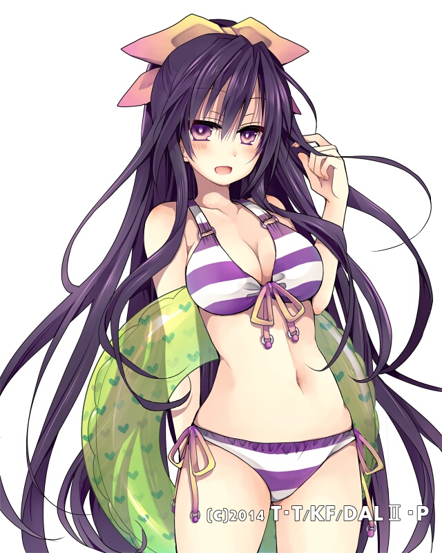 1girl :d arm_behind_back bangs bikini bow breasts cleavage collarbone cowboy_shot date_a_live eyebrows_visible_through_hair floating_hair front-tie_bikini front-tie_top hair_between_eyes hair_bow hand_in_hair hibiki_mio innertube long_hair medium_breasts navel open_mouth ponytail purple_hair side-tie_bikini sideboob simple_background smile solo standing striped striped_bikini swimsuit transparent very_long_hair violet_eyes white_background yatogami_tooka