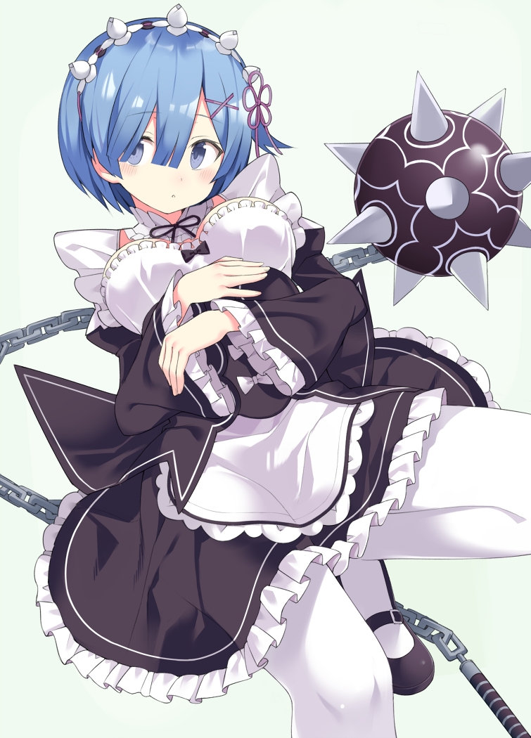 1girl apron ball_and_chain bangs black_bow black_dress black_footwear blue_eyes blue_hair bow breasts chains commentary_request dress eyebrows_visible_through_hair fingernails frilled_dress frilled_sleeves frills green_background hair_between_eyes hair_ornament hair_ribbon juliet_sleeves kuhotaka long_sleeves maid mary_janes medium_breasts pantyhose puffy_sleeves purple_ribbon re:zero_kara_hajimeru_isekai_seikatsu rem_(re:zero) ribbon shoes simple_background solo spike_ball waist_apron white_apron white_legwear wide_sleeves x_hair_ornament