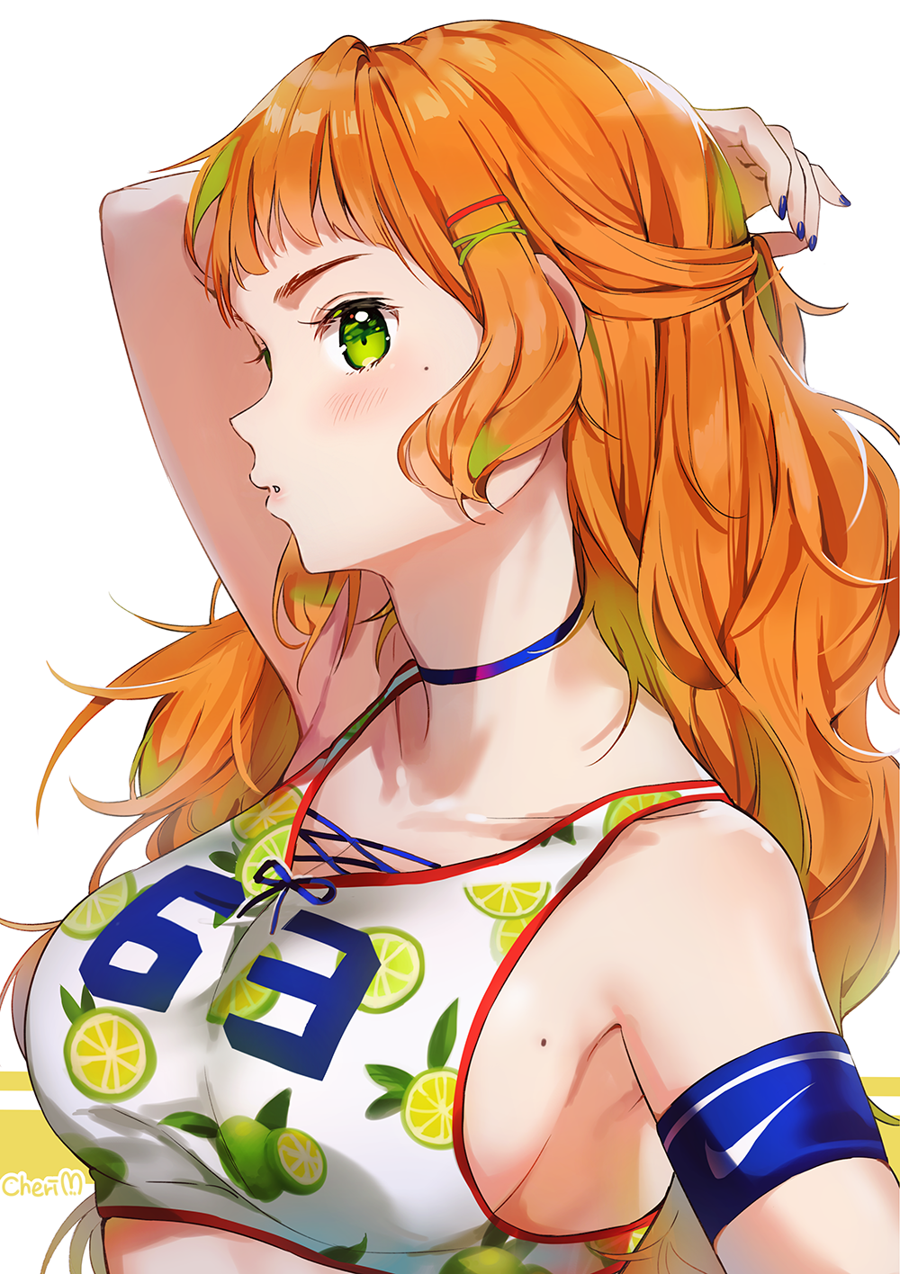 1girl :o arm_behind_head armband bangs bare_shoulders blue_choker blue_nails blush breasts bustier cherim choker food fruit green_eyes green_hair hair_ornament half_updo highres large_breasts lime_(fruit) lime_print long_hair looking_at_viewer mole mole_on_breast mole_under_eye multicolored_hair nail_polish orange_hair sideboob solo upper_body white_background