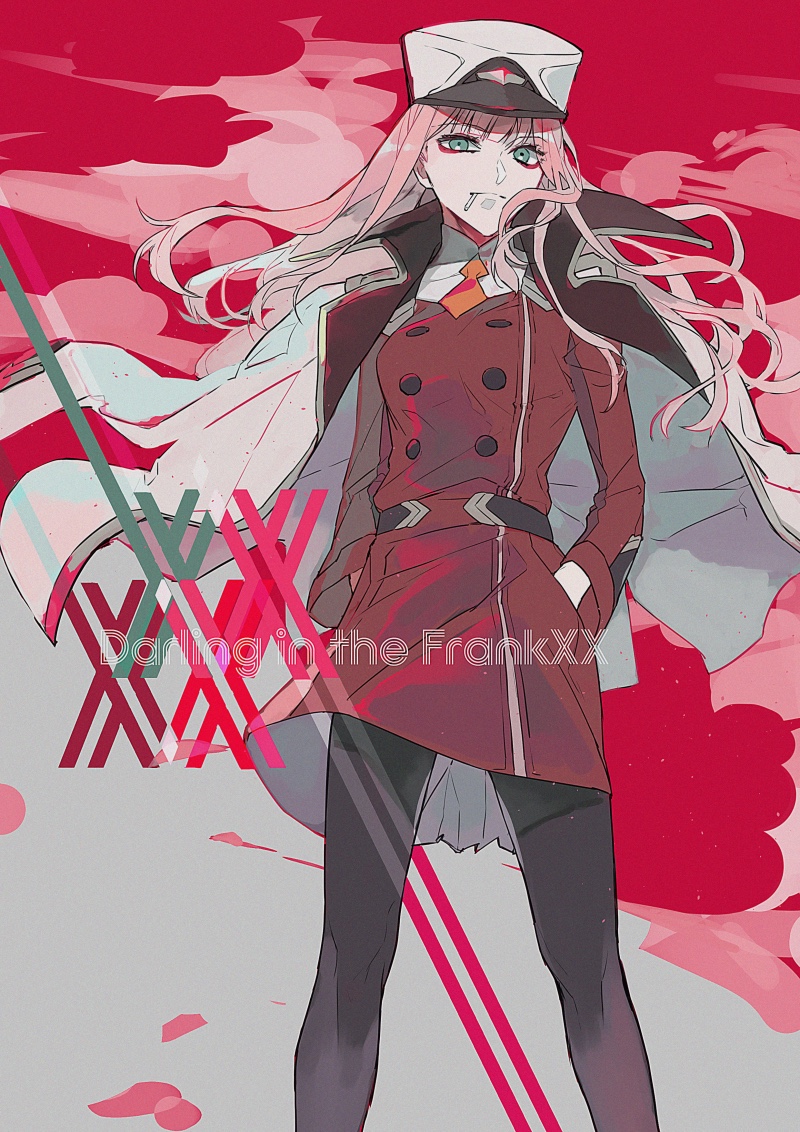 1girl bangs black_legwear copyright_name darling_in_the_franxx ebanoniwa eyeshadow green_eyes hands_in_pockets hat jacket jacket_on_shoulders looking_at_viewer makeup military military_hat military_uniform mouth_hold orange_neckwear pantyhose pink_hair red solo standing uniform white_jacket zero_two_(darling_in_the_franxx)