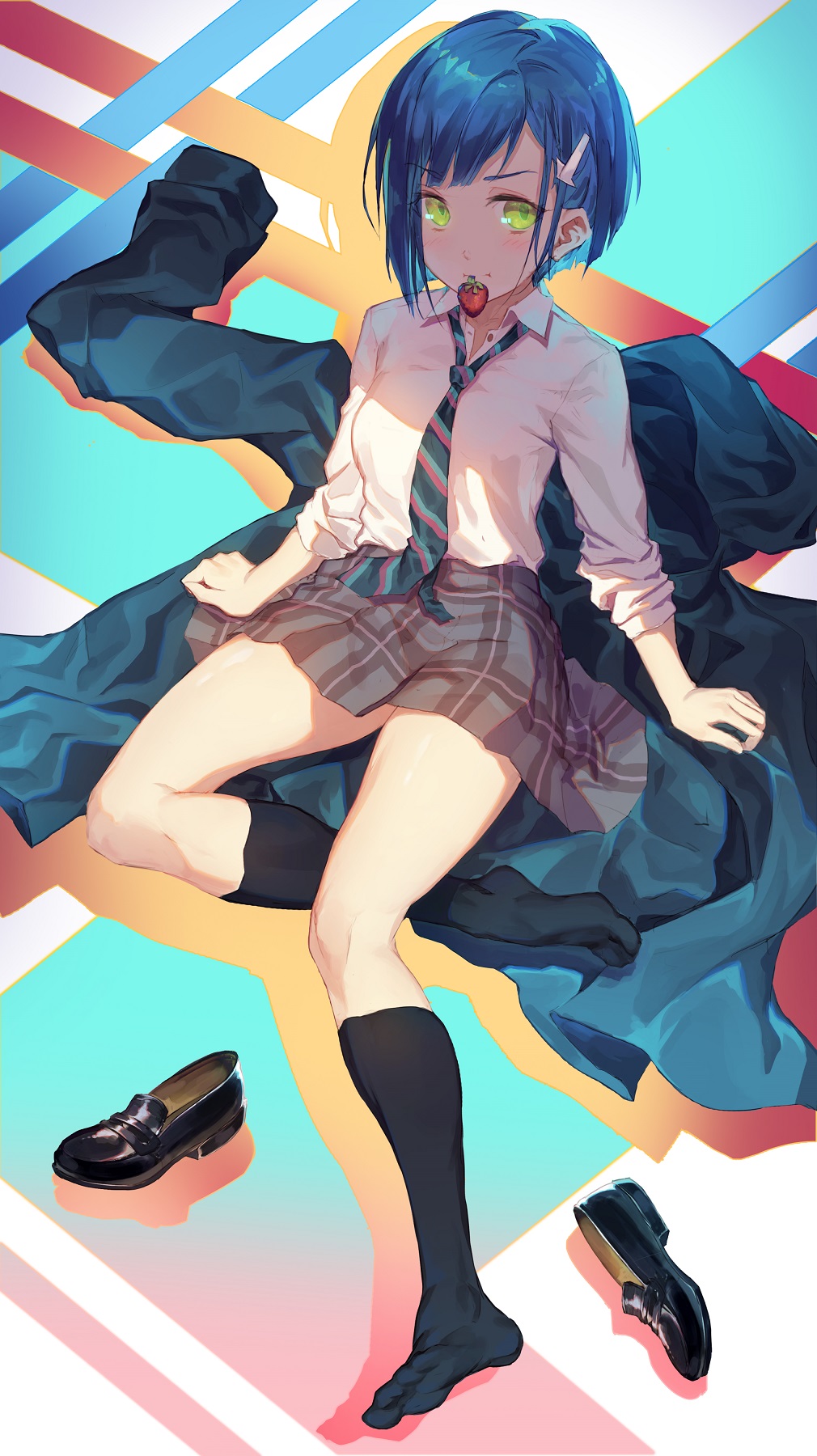 1girl black_legwear blue_hair blush commentary darling_in_the_franxx food fruit green_eyes hair_ornament hairclip highres ichigo_(darling_in_the_franxx) jacket mouth_hold necktie plaid plaid_skirt shoes shoes_removed short_hair sitting skirt socks solo strawberry striped_neckwear usanekorin