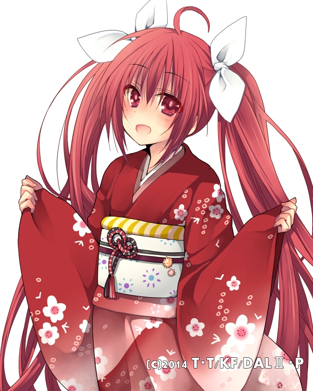 1girl :d ahoge bangs blush cowboy_shot date_a_live eyebrows_visible_through_hair floating_hair floral_print hair_between_eyes hair_ribbon hibiki_mio itsuka_kotori japanese_clothes kimono long_hair looking_at_viewer obi open_mouth red_eyes red_kimono redhead ribbon sash simple_background smile solo standing twintails very_long_hair white_background white_ribbon yukata