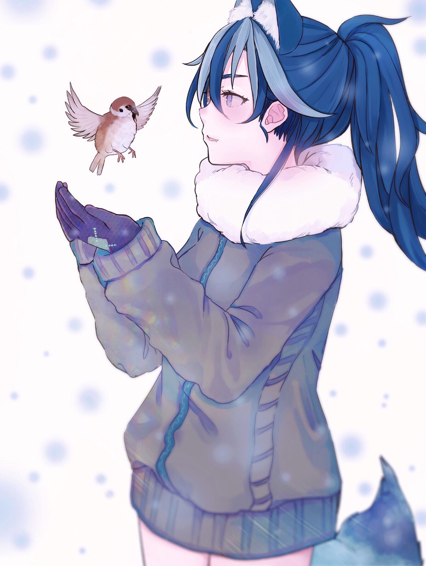 1girl alternate_costume alternate_hairstyle ancolatte_(onikuanco) animal_ears bird bird_legs bird_tail bird_wings blue_hair blush coat contemporary extra_ears fang fur_collar gloves grey_wolf_(kemono_friends) highres kemono_friends long_hair ponytail snow solo sparrow tail wings winter_clothes wolf_ears wolf_tail