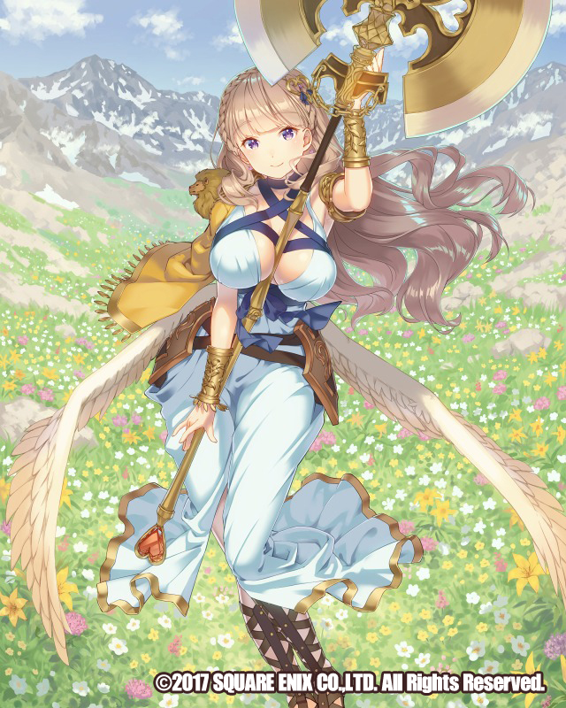 1girl armlet axe blue_dress blue_sky bracer braid breasts cleavage clouds dated day dress field flower flower_field full_body hair_ornament holding holding_weapon large_breasts long_hair looking_at_viewer mountain official_art outdoors sky smile tomiwo venus_rumble very_long_hair violet_eyes watermark weapon wings