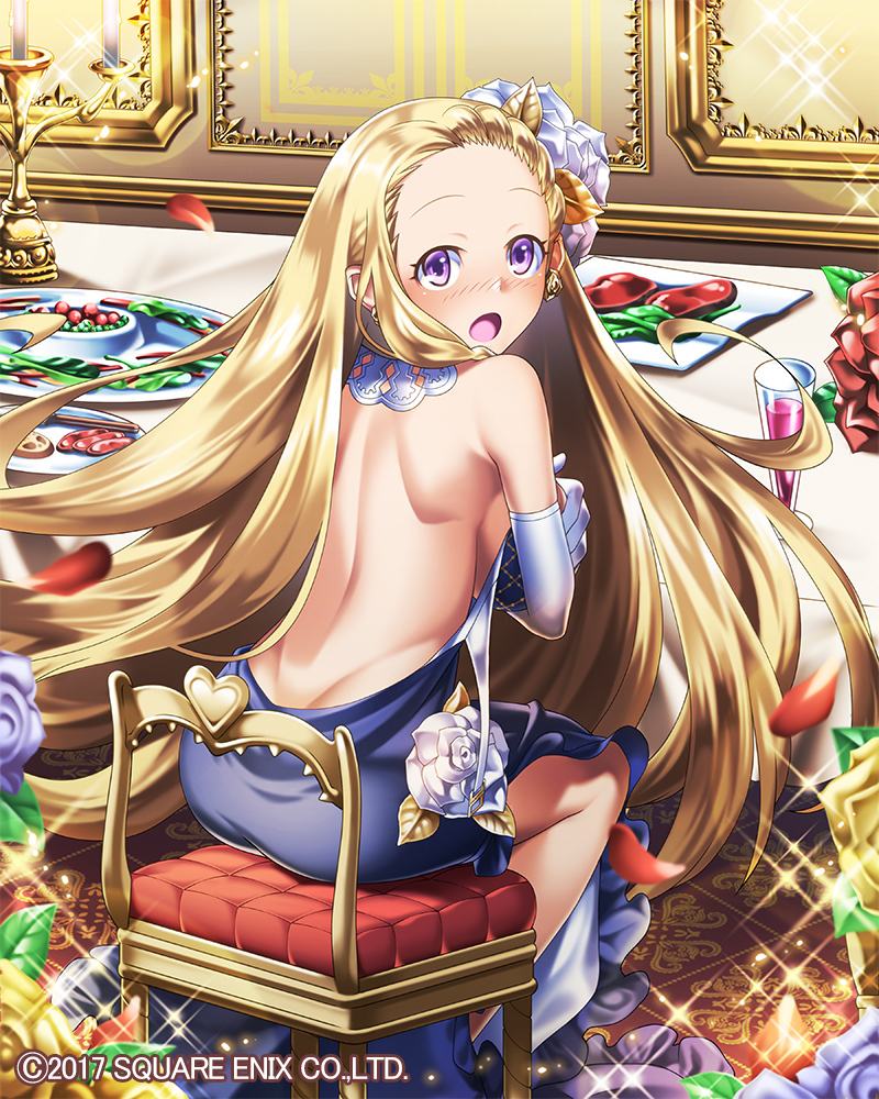 1girl :o backless_outfit bad_arm bare_shoulders blonde_hair blue_dress blush breast_hold breasts bridal_gauntlets candle candlestand chair dress earrings flower food glass hair_flower hair_ornament hm_(tolosalmon) indoors isis_(venus_rumble) jewelry large_breasts long_hair looking_at_viewer looking_back official_art open-back_dress plate red_carpet shoulder_blades sitting sparkle unstrapped venus_rumble very_long_hair watermark