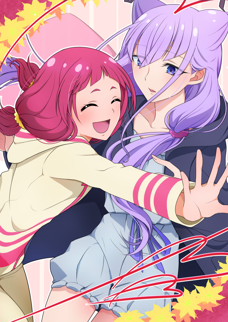 2girls :d ^_^ closed_eyes commentary_request double_bun eyebrows eyebrows_visible_through_hair happy highres hugtto!_precure long_hair long_sleeves looking_at_another low_twintails multiple_girls nono_hana open_mouth pink_hair precure purple_hair purple_ribbon ribbon ruru_amour sayvi short_hair short_twintails smile twintails violet_eyes