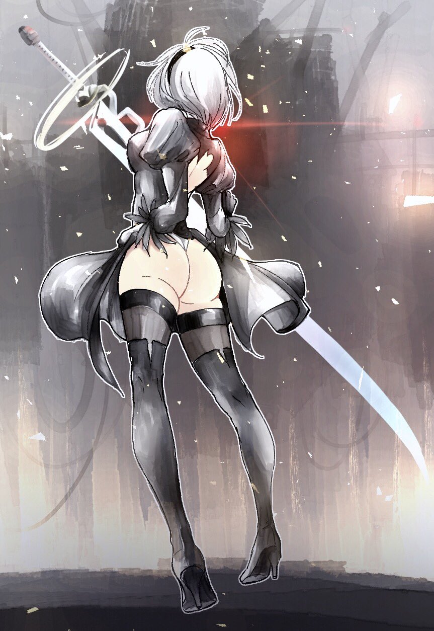 1girl ass back_cutout black_dress black_footwear black_hairband boots breasts cleavage_cutout commentary_request dress feather-trimmed_sleeves from_behind full_body hairband high_heel_boots high_heels highleg highleg_leotard highres juliet_sleeves korean_commentary leotard long_sleeves medium_breasts nier_(series) nier_automata puffy_sleeves short_hair silver_hair solo sword thigh-highs thigh_boots thighhighs_under_boots vambraces weapon white_leotard yazawa3921 yorha_no._2_type_b