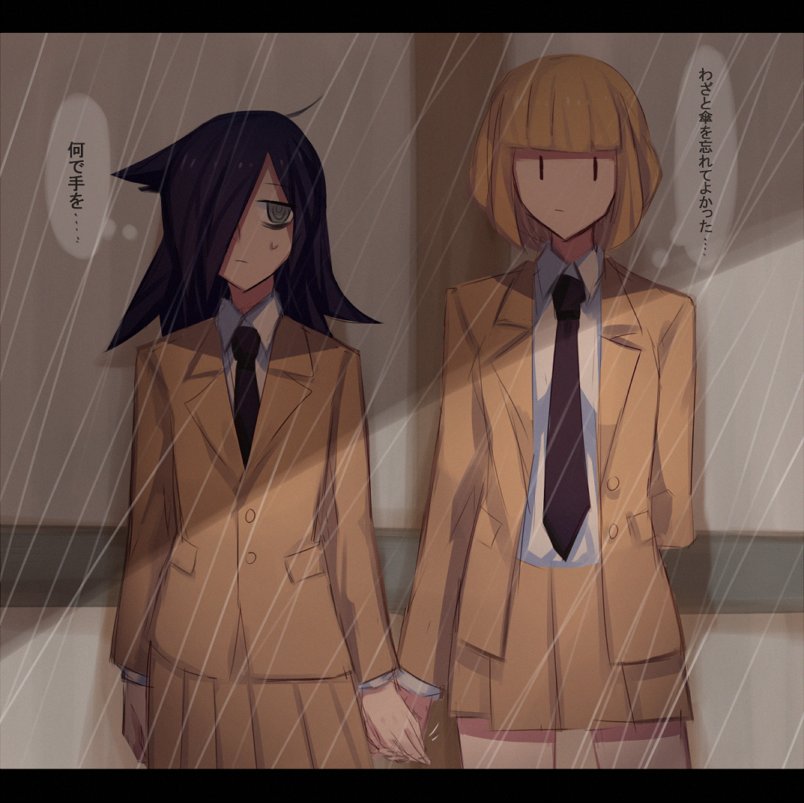 2girls @_@ aoki_shizumi arm_behind_back bangs black_hair black_neckwear blonde_hair blunt_bangs commentary_request green_eyes hair_over_one_eye hand_holding kuroki_tomoko long_sleeves multiple_girls necktie no_nose pleated_skirt rain school_uniform shadow short_hair side-by-side skirt thought_bubble translation_request uchi_emiri watashi_ga_motenai_no_wa_dou_kangaetemo_omaera_ga_warui! yuri |_|