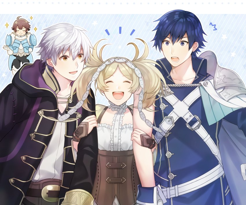 1girl armor aym_(ash3ash3ash) blonde_hair blue_eyes blue_hair brown_eyes brown_hair dress fire_emblem fire_emblem:_kakusei fire_emblem_heroes frederik_(fire_emblem) hair_ornament krom liz_(fire_emblem) long_hair male_my_unit_(fire_emblem:_kakusei) multiple_boys multiple_girls my_unit_(fire_emblem:_kakusei) open_mouth short_hair short_twintails simple_background smile twintails weapon white_hair
