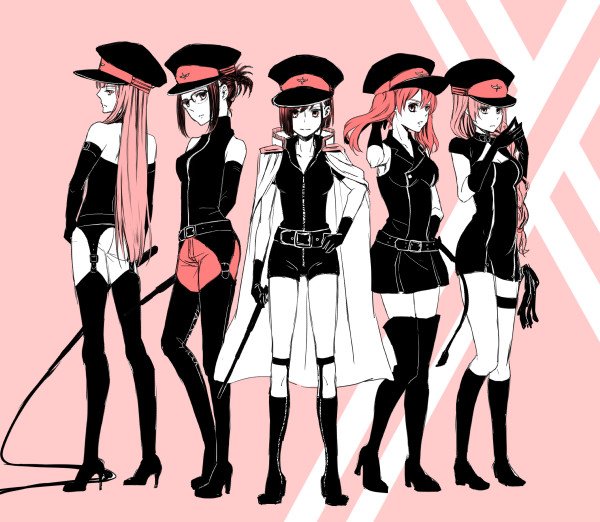 5girls bare_shoulders boots breasts cleaver commentary_request darling_in_the_franxx hat holding_whip ichigo_(darling_in_the_franxx) ikuno_(darling_in_the_franxx) kokoro_(darling_in_the_franxx) large_breasts miku_(darling_in_the_franxx) multiple_girls peaked_cap sakuragouti whip zero_two_(darling_in_the_franxx)