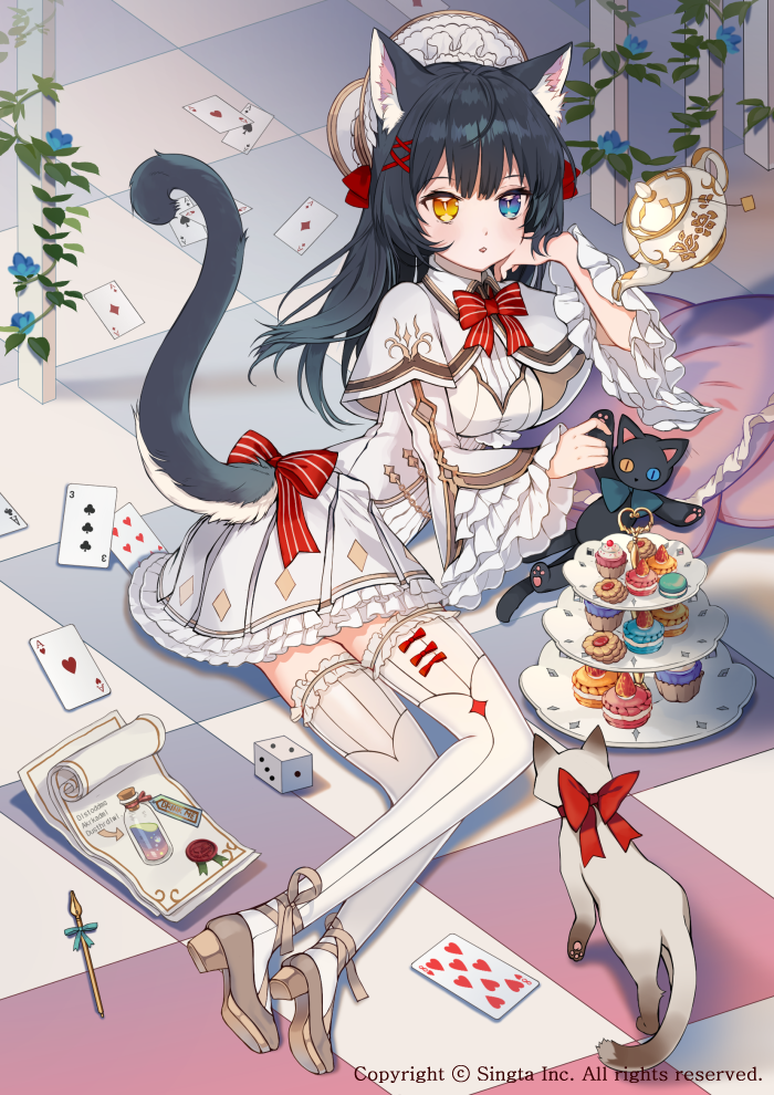 1girl ace_of_diamonds ace_of_hearts ace_of_spades animal animal_ears arm_support bangs black_hair blue_eyes blue_flower blush bonnet bow breasts brown_footwear capelet card cat cat_ears cat_girl cat_tail checkered checkered_floor club_(shape) collared_shirt cookie diamond_(shape) dice dress dress_shirt eyebrows_visible_through_hair flower food frilled_pillow frills hair_bow hair_ornament hat heart high_heels laurelfalcon long_hair long_sleeves looking_at_viewer medium_breasts official_art on_floor panties parted_lips pillow playing_card pleated_dress red_bow shirt sid_story solo spade_(shape) striped striped_bow stuffed_animal stuffed_cat stuffed_toy tail teapot thigh-highs tiered_tray underwear white_capelet white_cat white_dress white_hat white_legwear white_shirt wide_sleeves witch x_hair_ornament