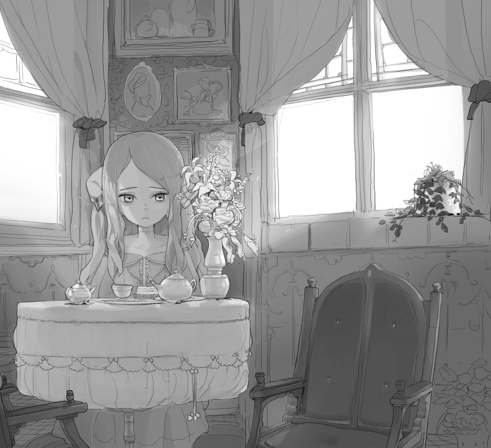 1girl armchair chair closed_mouth commentary cup curtains doremi dress english_commentary flower greyscale indoors long_hair looking_at_viewer monochrome original plant portrait_(object) potted_plant sitting solo table teacup teapot vase window