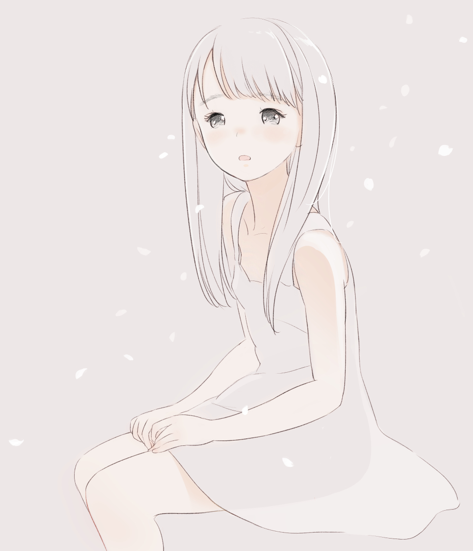 1girl bangs bare_arms bare_shoulders blush brown_background collarbone dress eyebrows_visible_through_hair grey_dress grey_eyes grey_hair hand_on_lap kokudou_juunigou long_hair looking_at_viewer original parted_lips petals simple_background sitting sleeveless sleeveless_dress solo