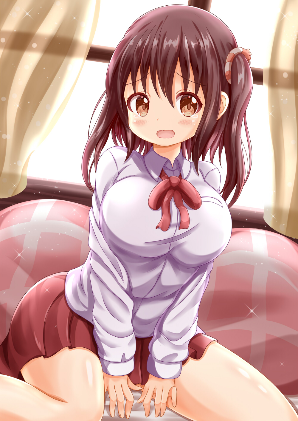 1girl bangs between_legs blush breasts brown_eyes brown_hair collared_shirt commentary_request curtains day ebina_nana eyebrows_visible_through_hair fingernails hair_between_eyes hand_between_legs highres himouto!_umaru-chan indoors large_breasts long_sleeves looking_at_viewer neck_ribbon one_side_up open_mouth pleated_skirt red_ribbon red_skirt ribbon shirt sitting skirt solo sparkle sunlight tears transparent wariza white_shirt window zenon_(for_achieve)