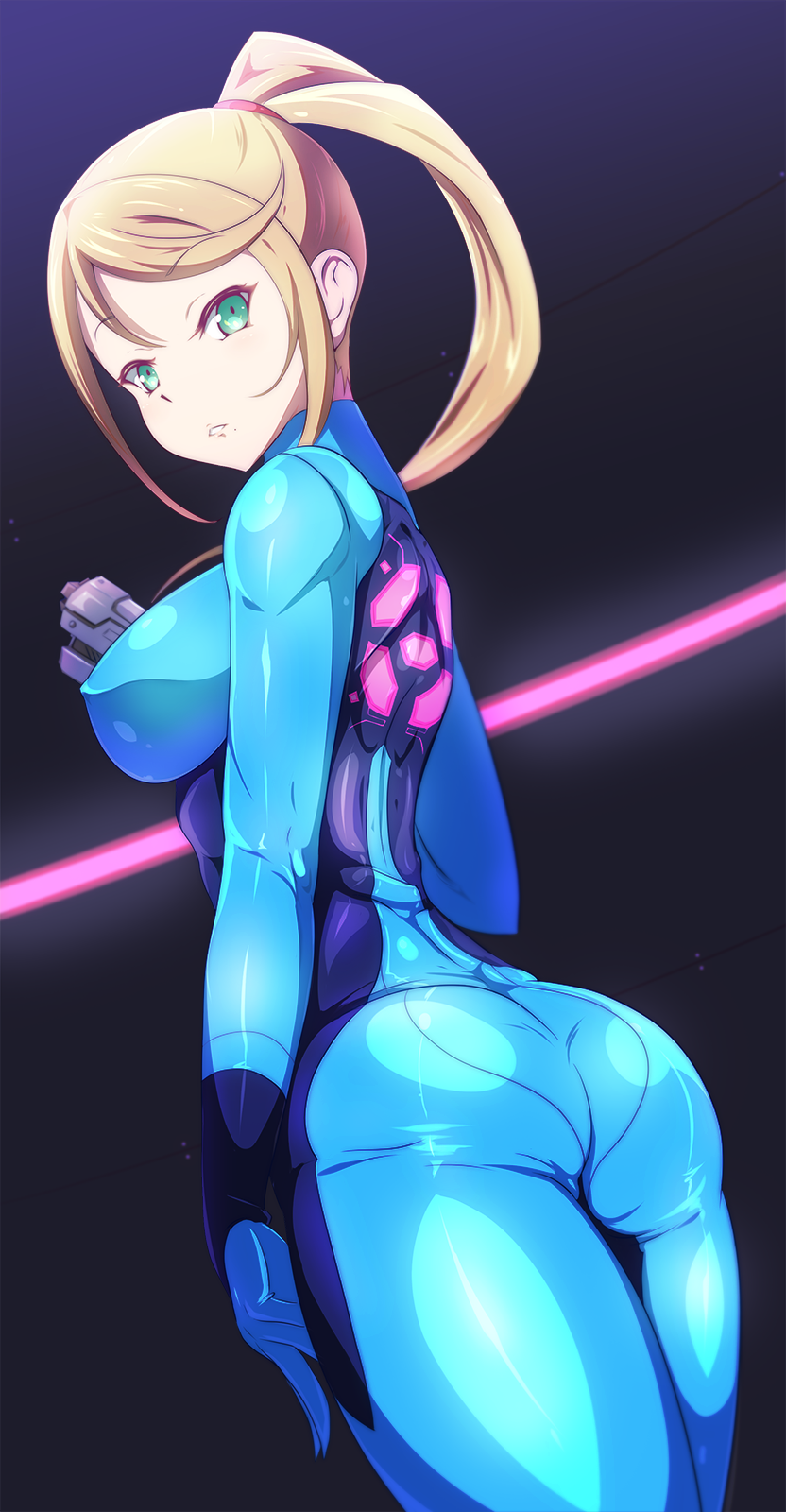 1girl ass blonde_hair blue_bodysuit bodysuit breasts commentary_request covered_nipples danpu dutch_angle from_behind green_eyes gun handgun high_ponytail highres holding holding_gun holding_weapon legs_together looking_at_viewer looking_back medium_breasts metroid mole mole_under_mouth parted_lips ponytail samus_aran shiny shiny_clothes shiny_hair shiny_skin skin_tight solo standing weapon zero_suit