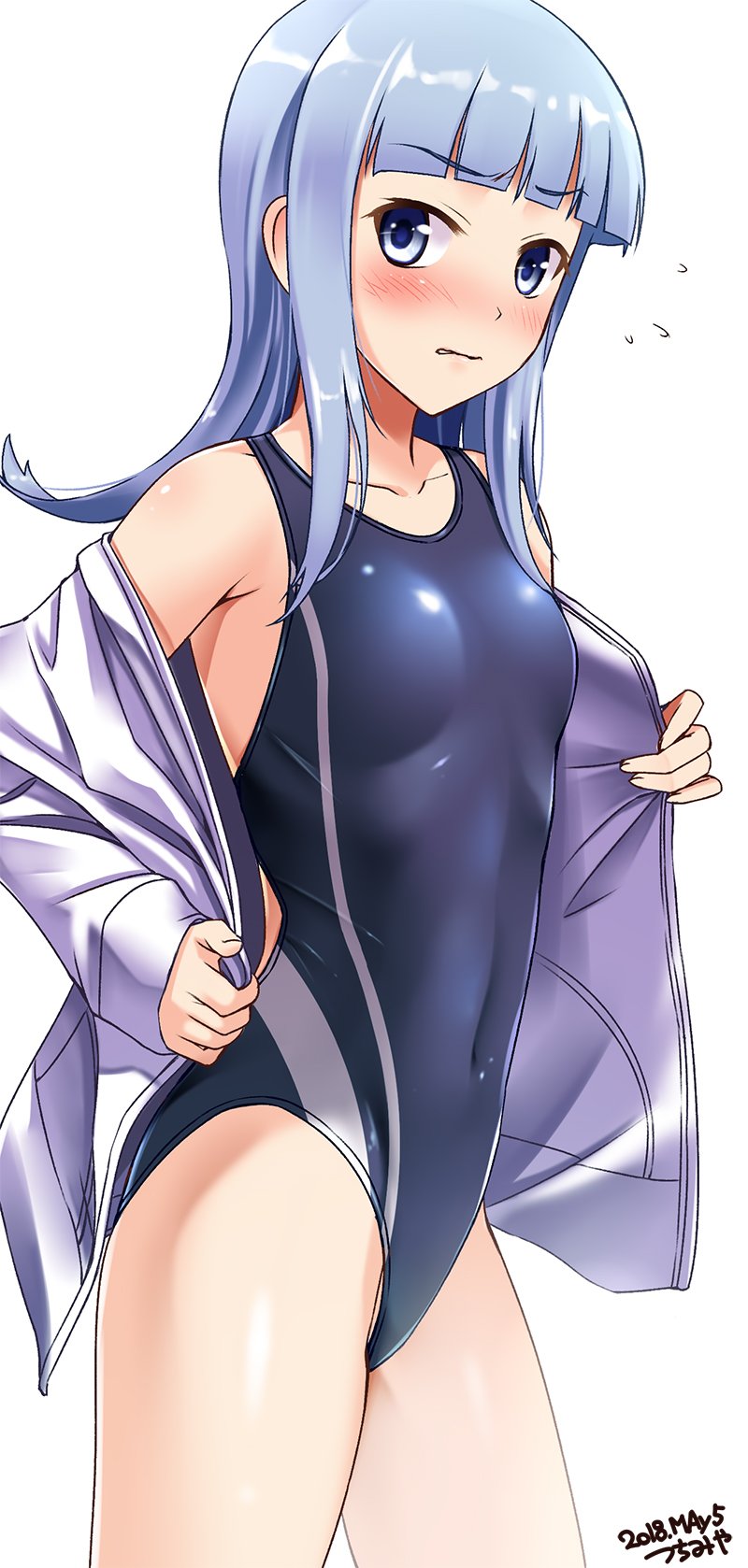 1girl artist_name bangs bare_shoulders blue_eyes blue_hair blunt_bangs blush collarbone commentary competition_swimsuit covered_navel cowboy_shot dated eyebrows_visible_through_hair flat_chest flipped_hair flying_sweatdrops hatsukaze_(kantai_collection) highres jacket kantai_collection light_blue_hair looking_at_viewer looking_to_the_side off_shoulder one-piece_swimsuit shiny simple_background solo swimsuit tsuchimiya undressing white_background white_jacket