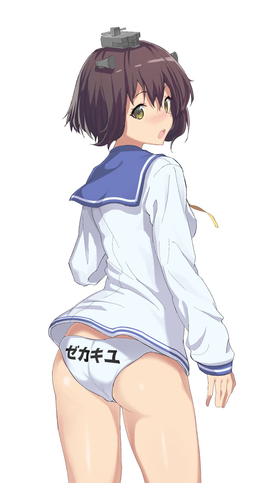 1girl ass blue_sailor_collar brown_eyes brown_hair character_name cowboy_shot dress from_behind headgear headset highres kantai_collection looking_at_viewer looking_back neckerchief oweee panties print_panties sailor_collar sailor_dress short_hair simple_background solo speaking_tube_headset standing underwear white_background white_panties yellow_neckwear yukikaze_(kantai_collection)