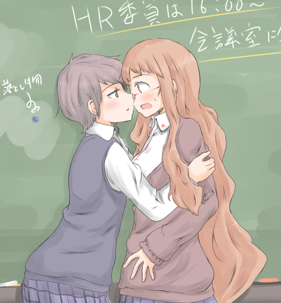 2girls ano_fuji blonde_hair blush brown_eyes brown_hair chalkboard commentary_request face-to-face from_side hakusen-hiki imminent_kiss long_hair long_sleeves miyama_nena multiple_girls okujou_no_yurirei-san open_mouth translation_request very_long_hair yuri