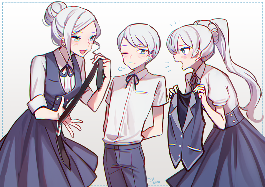 1boy 2girls blue_eyes blue_skirt brother_and_sister commentary_request ecru hair_bun multiple_girls necktie one_eye_closed rwby shirt siblings sisters skirt vest weiss_schnee white_hair white_shirt whitley_schnee winter_schnee