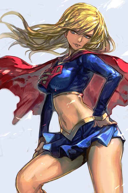 1girl blonde_hair blue_background blue_eyes breasts cape contrapposto cowboy_shot crop_top dc_comics hand_on_hip hankuri large_breasts long_hair midriff miniskirt navel red_cape simple_background skirt smile solo standing supergirl superhero thighs wind wind_lift